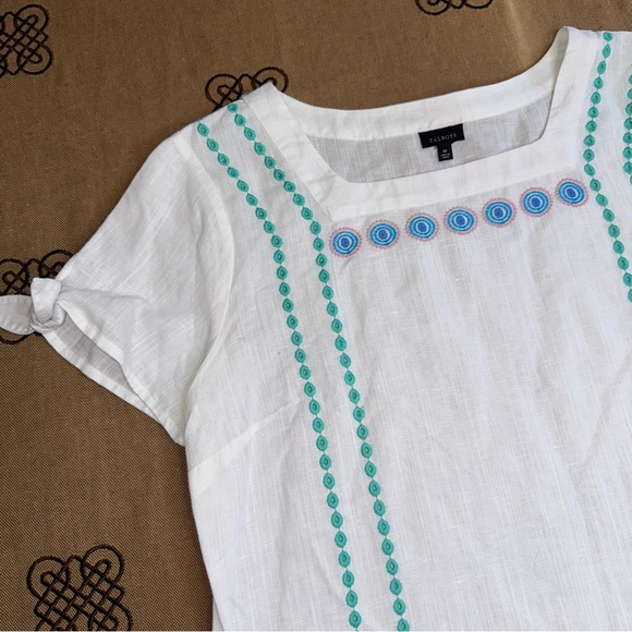 TALBOTS Linen Blend Embroidered Square Neck Top In White/Blue - Picture 6 of 16